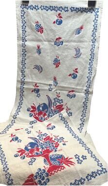 2 Vintage TEA TOWEL Cotton Kitsch Mid-Century Fruit in Bowl Red White Blue